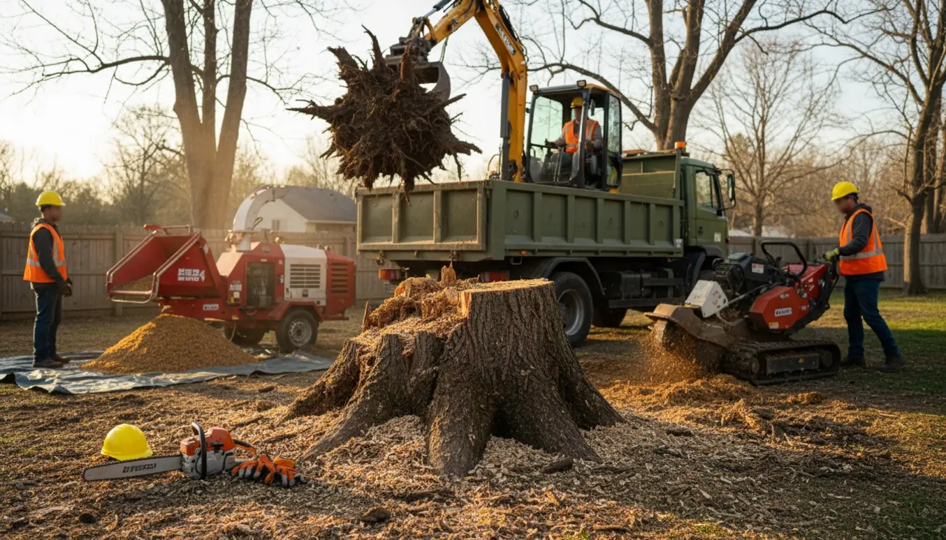 Nyfældet træ med stød og rodklump løftet af gravemaskine, med savsmuld og flis i forgrunden.