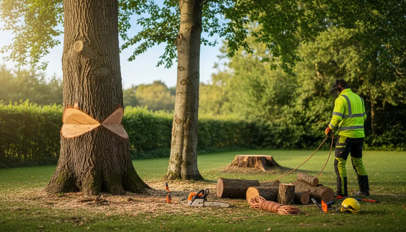 Arborist fælder en eg og en bøg i haven, med stammer, træflis og værktøj i fokus.