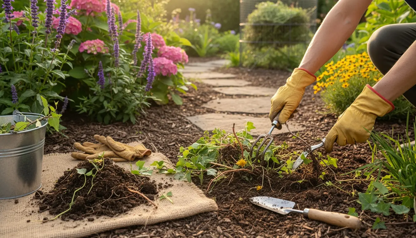 Nærbillede af hænder i handsker, der piller ukrudt og snerler op fra et bed med haveredskaber ved siden af.