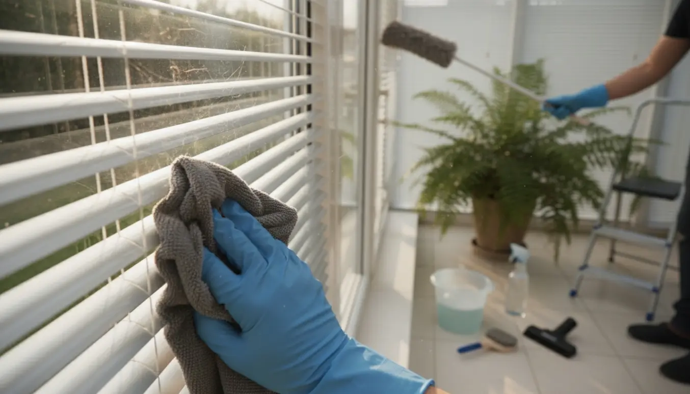 Hænder vasker persienner og fjerner spindelvæv i en lys udestue med spand og forlængerduster.