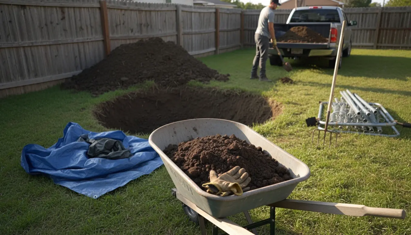 Stor bunke jord ved en nygravet trampolin i haven med trillebør og skovl i forgrunden.