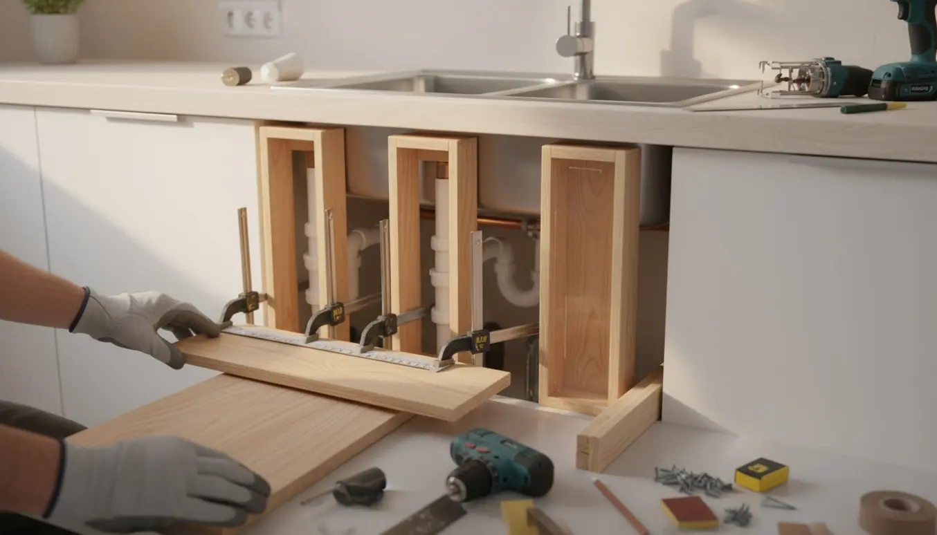 Håndværker monterer tynde trækasser omkring køkkenrør ved vask, med værktøj og udskæring til karm under bordpladen.