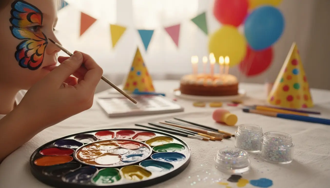 Hænder maler farverig ansigtsmaling på et barns kind ved en soloplyst børnefødselsdag.