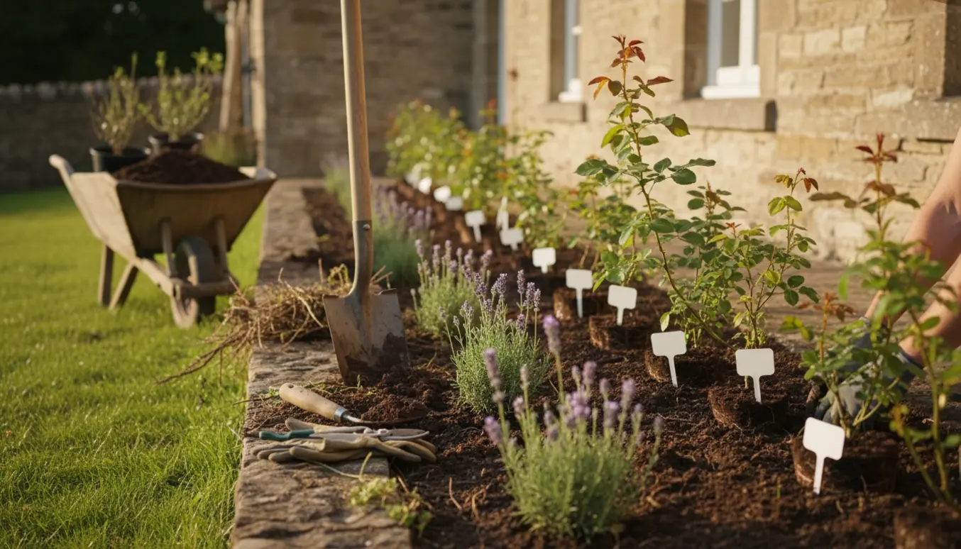 Rydning og nyplantning af roser og lavendler i et langt bed langs husets side.