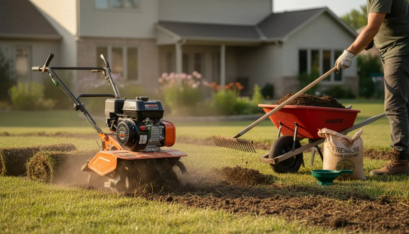 Fræsning og planering af en ujævn græsplæne med maskine og rive, klar til ny såning.