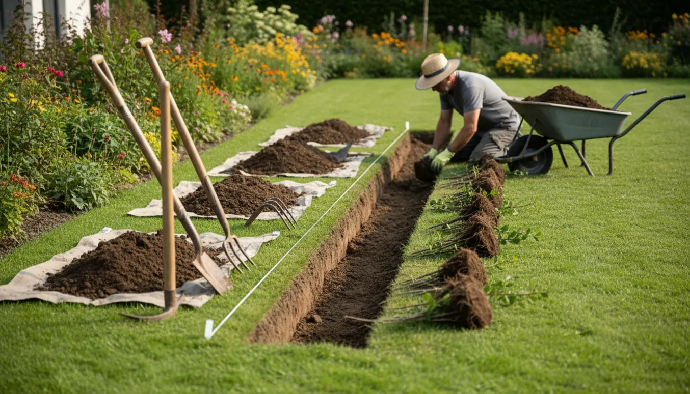 Nygravet rende i have med værktøj, trillebør, hækkemuld og barerodede hækplanter klar til plantning.