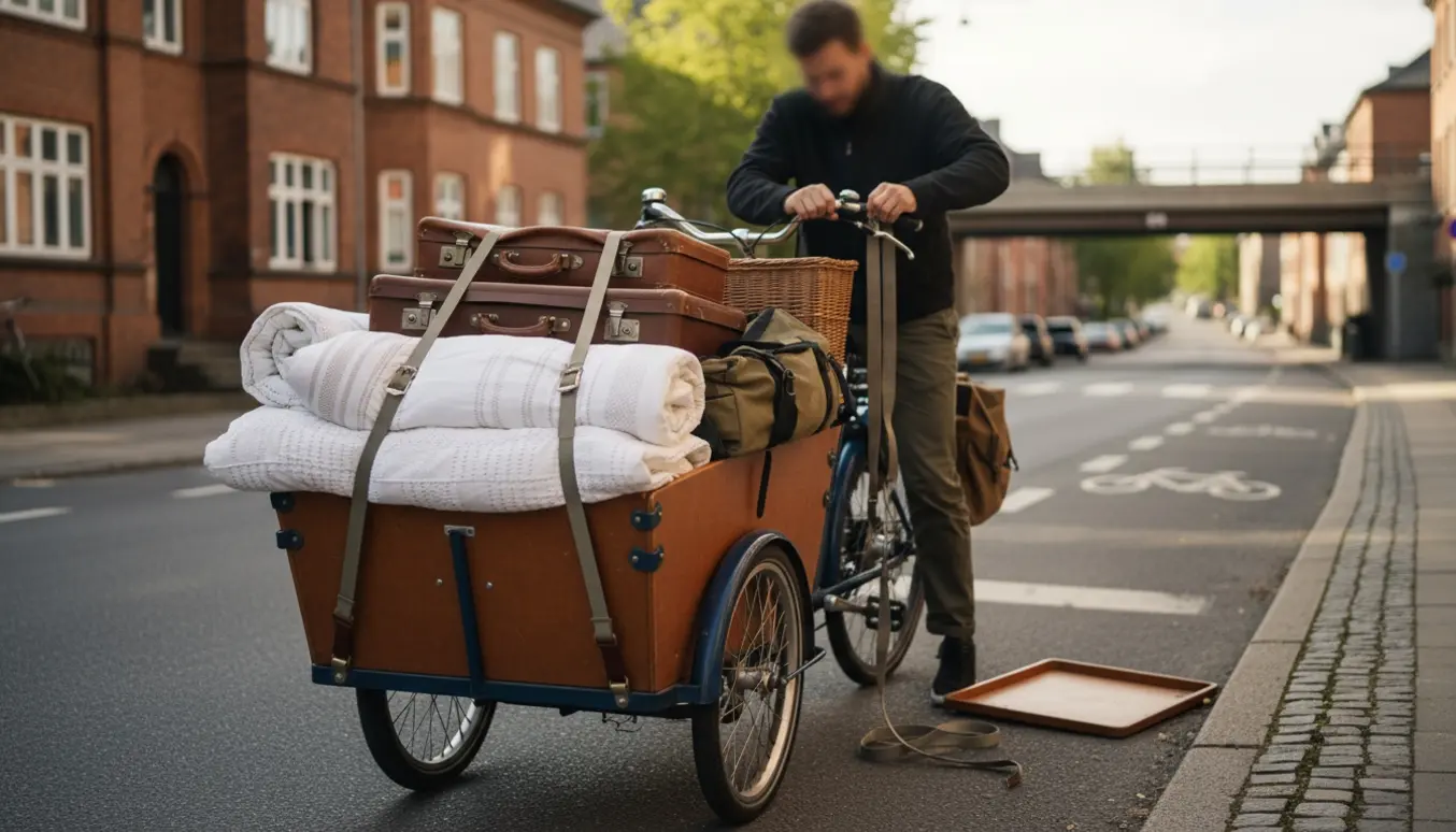 En ladcykel læsset med to kufferter og dyner, en person spænder remme ved siden af.
