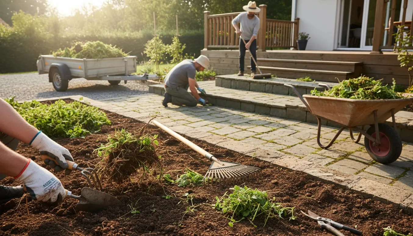 Hænder fjerner ukrudt og anlægger et bed ved to terrasser med en trillebør fyldt med haveaffald.