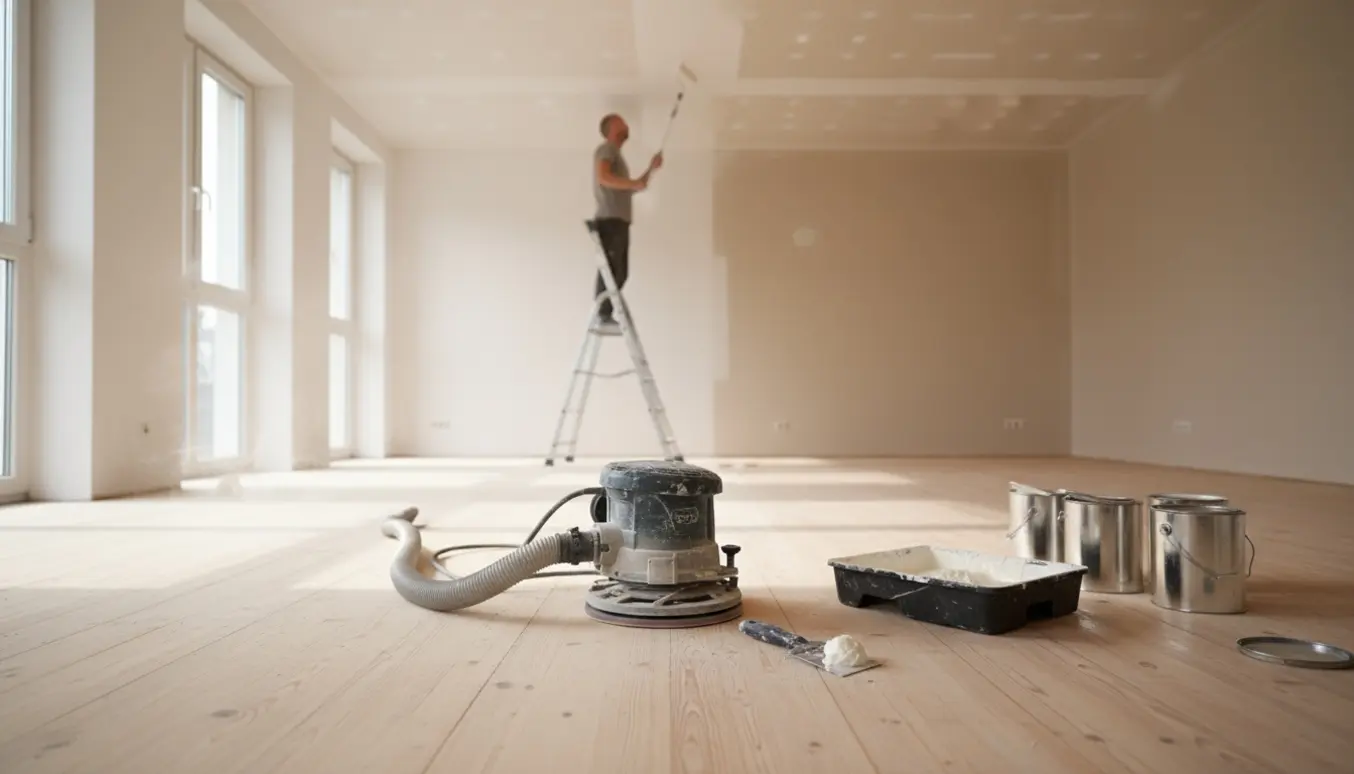 Lyst lejlighedsrum under renovering med loftmaling, gulvslibning og åben mat lak.