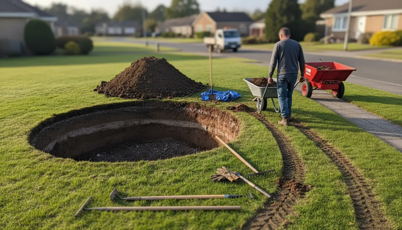 Havescene med udgravet rundt hul til trampolin og jord læsset i trillebør på vej til vejen.