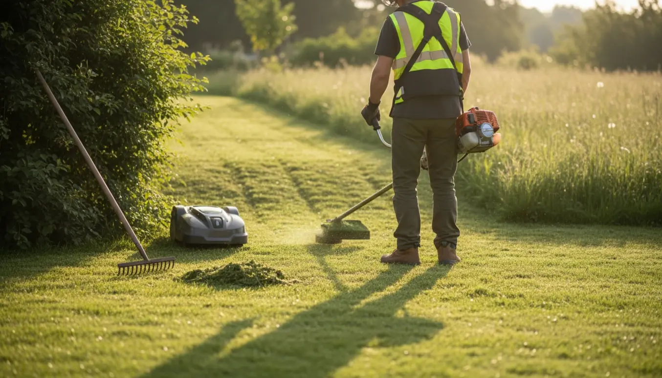 En tekniker trimmer græs på en solbelyst skråning med buskrydder, mens en robotplæneklipper står ved kanten.