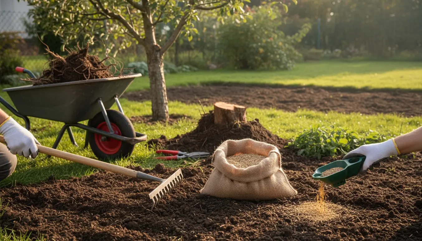 Havearbejde: fjernelse af æbletræ og busk og forberedelse af et 2x3 m bed til såning af græs med haveredskaber i forgrunden.