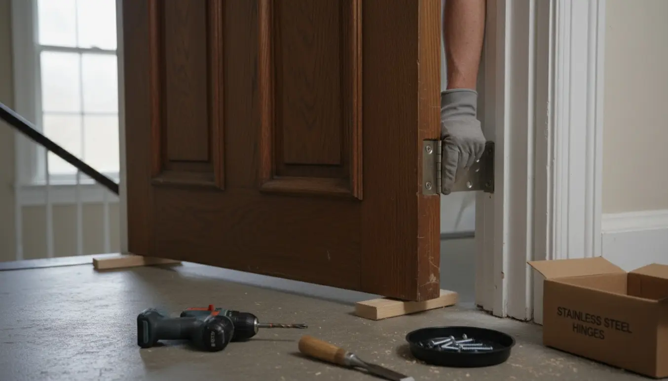 Hænder monterer et nyt dørhængsel på en hoveddør, mens døren støttes af kiler.