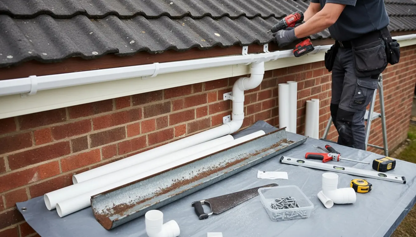 Nærbillede af montørs hænder, der monterer nyt nedløbsrør og udskifter en tagrende ved husets tagrende med værktøj omkring.