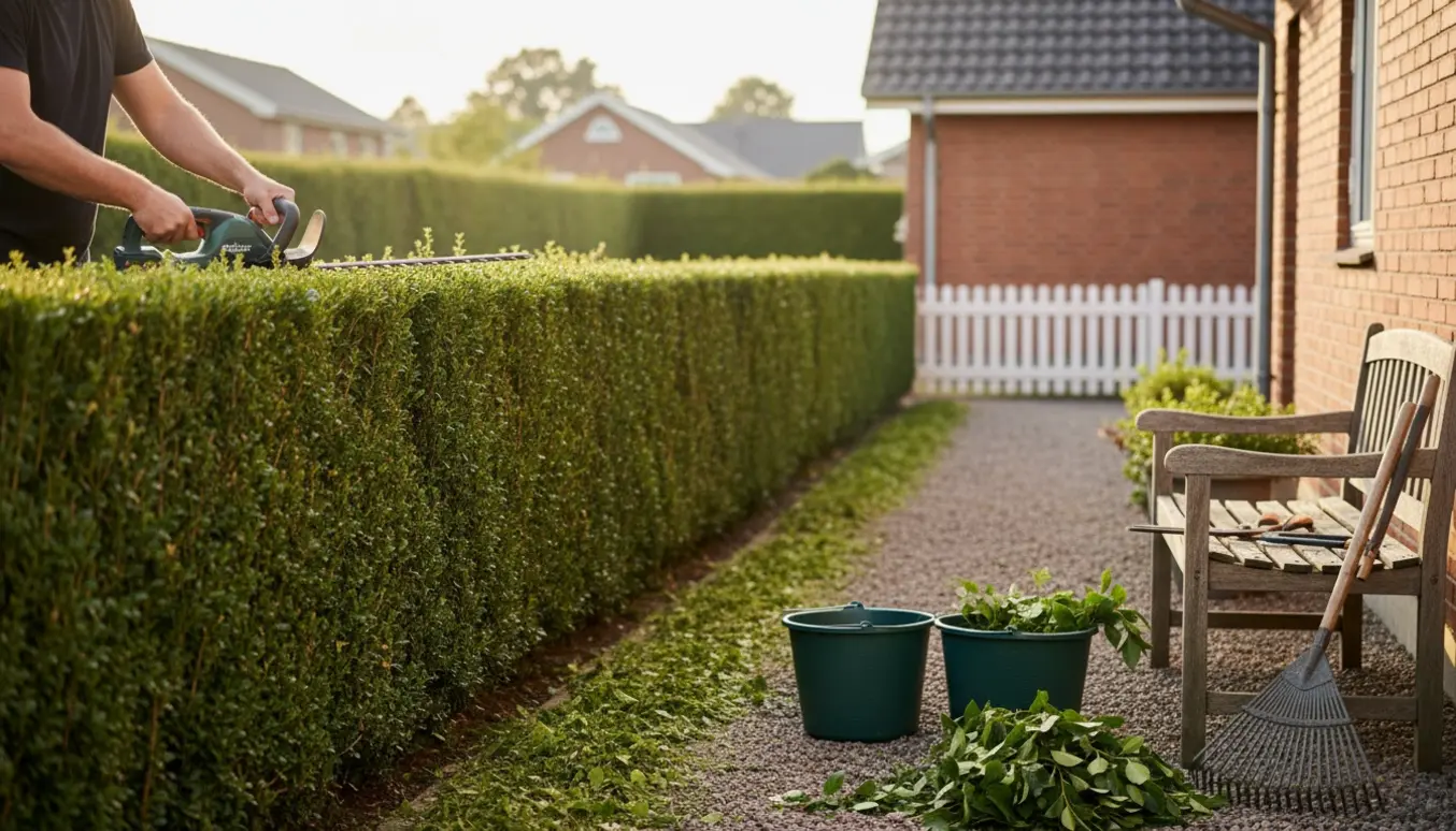 En forstadshave hvor en person trimmer en høj hæk, afklip samlet i to grønne spande.