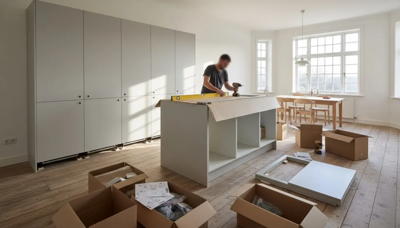 Delvist monteret moderne køkken med fire højskabe og en køkkenø, håndværker måler og udligner på et ujævnt trægulv.