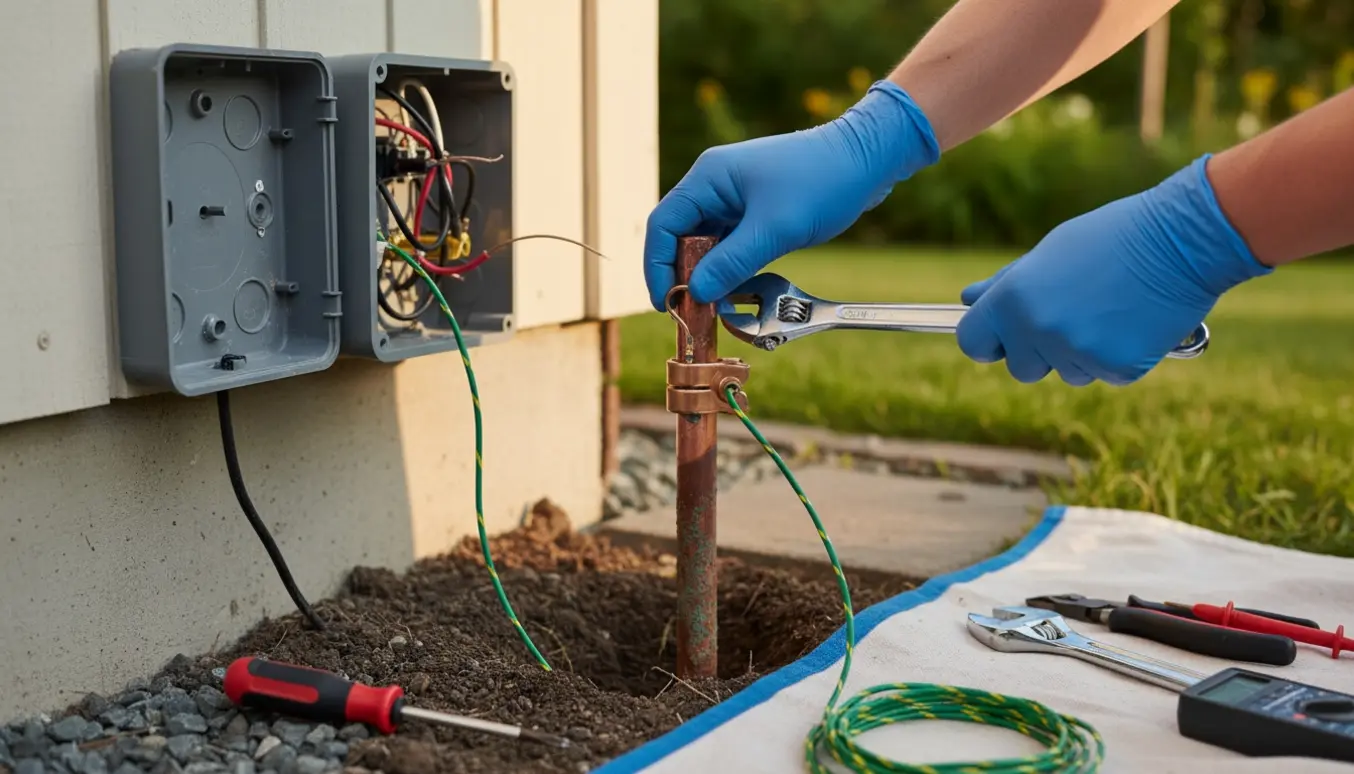 Nærbillede af hænder, der forbinder en jordleder fra en åben udendørs stikkontakt til et kobberjordspyd i jorden.