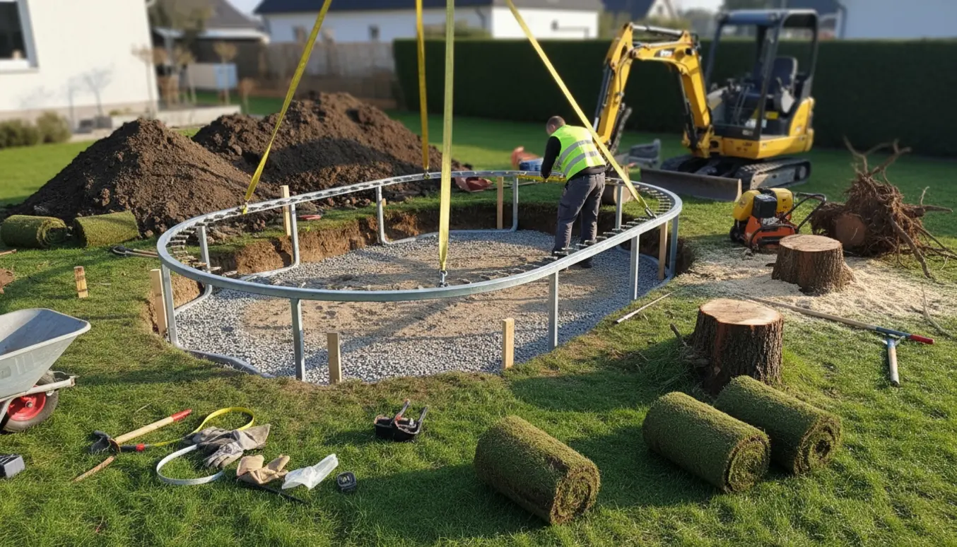 En minigraver og arbejdere sætter en oval trampolin ned i et udgravet hul ved siden af to fældede træstubbe.