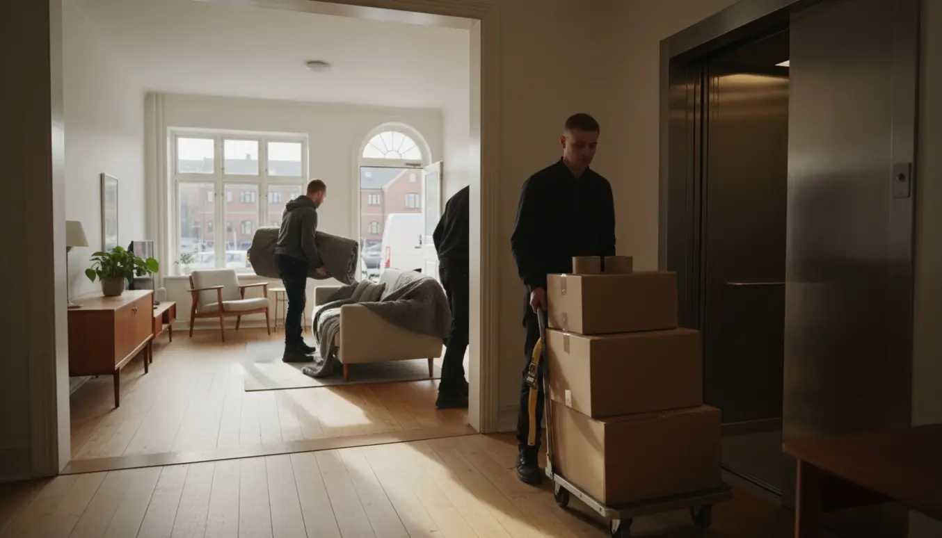 Flyttefolk fører en lille sofa og madras ind i en stue i Sydhavn med flyttekasser ved elevatoren.