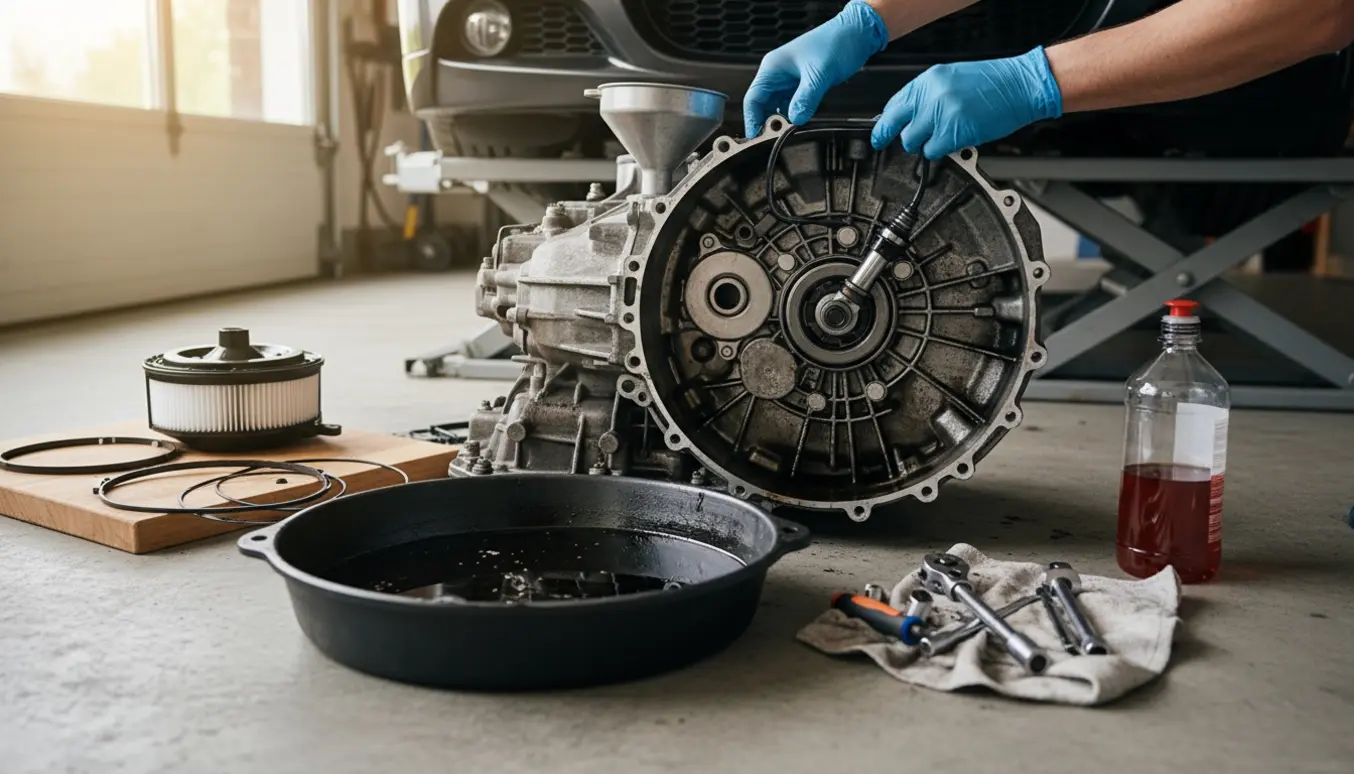 Mekaniker skifter olie, filter og pakninger på en ZF automatgearkasse under en E90-lignende sedan.