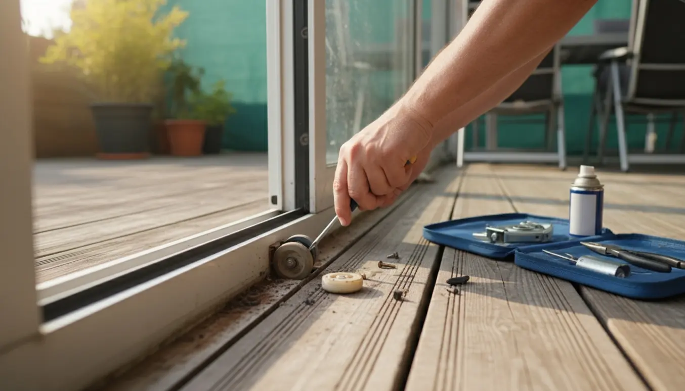 Hånd udskifter hjul på en terrasse-skydedør med værktøj ved siden af.