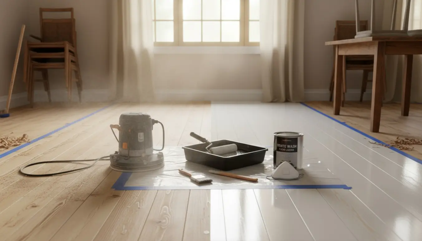 Halvt afslibet gammelt fyrretræsgulv i sommerhus med slibemaskine og hvidlaseret lak i naturligt lys.