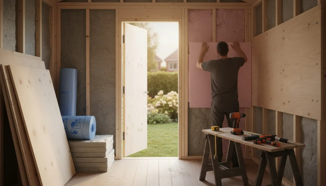 Indvendigt billede af et lille nybygget skur, hvor isolering monteres og krydsfinerplader forberedes til opsætning.