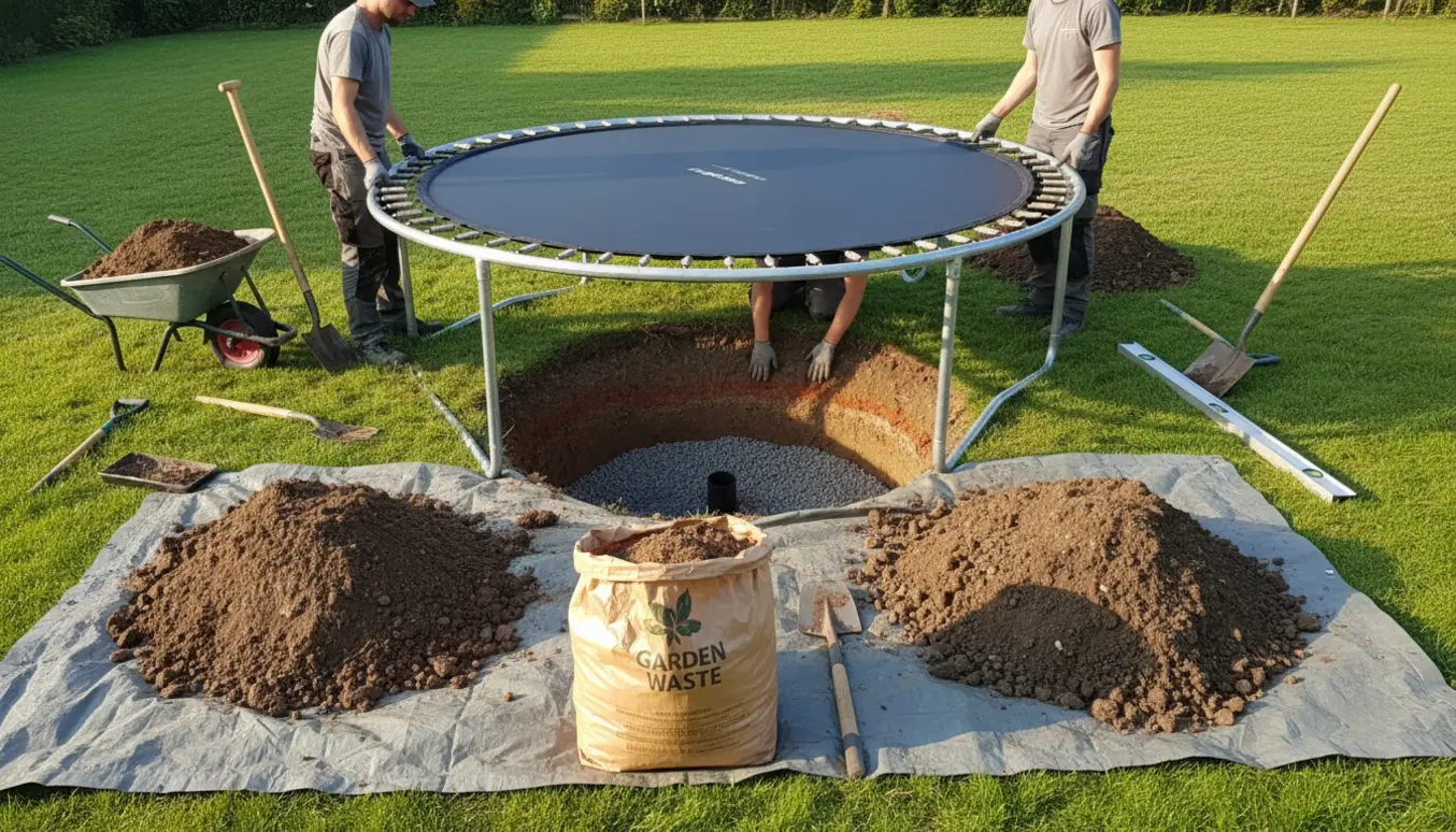 Nedgravning af rund trampolin i baghave med jordbunker, trillebør og værktøj.