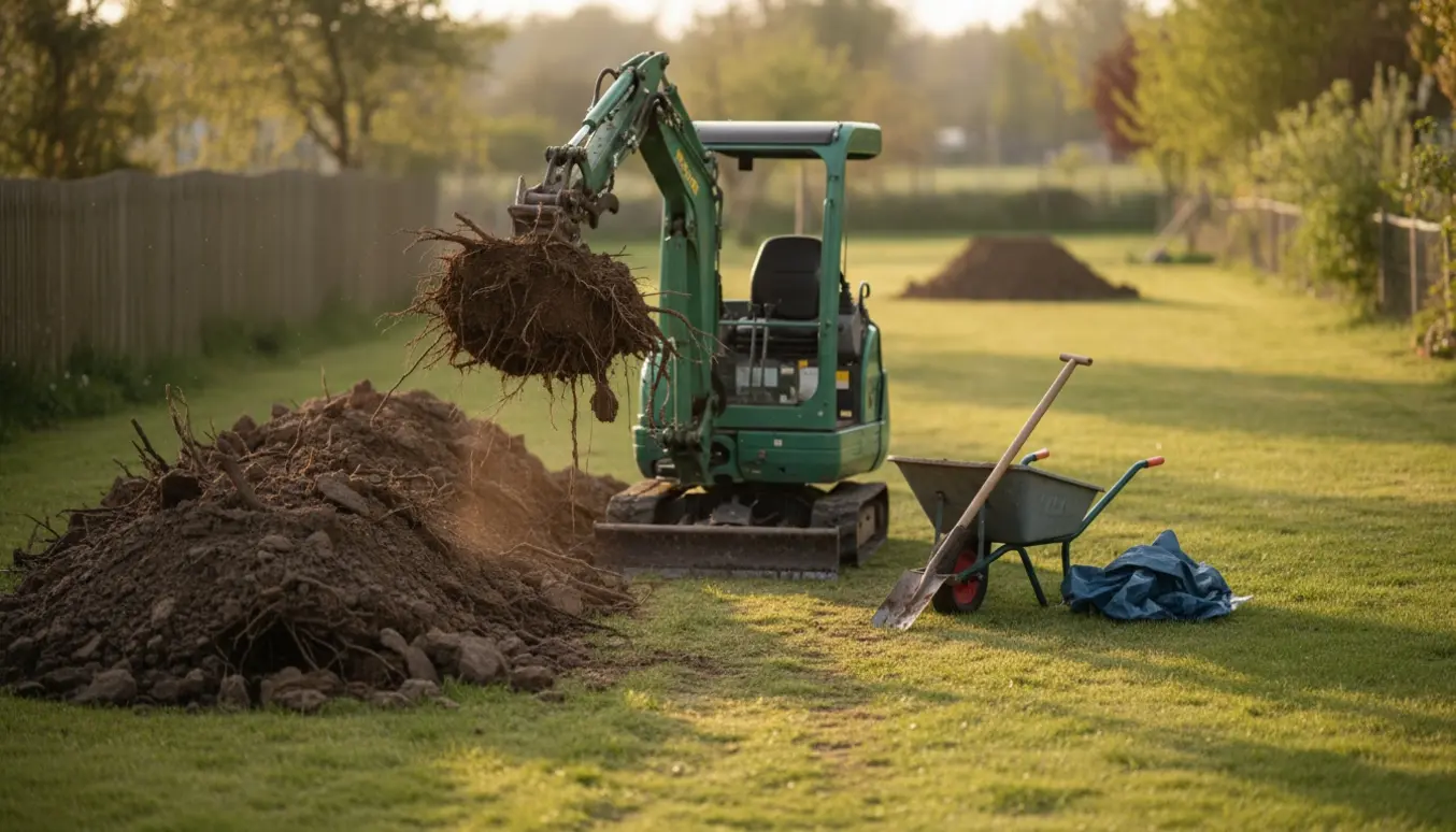 Minigraver fjerner en stor jordbunke med syrenerødder i en have, klar til at flytte jorden til et andet område.