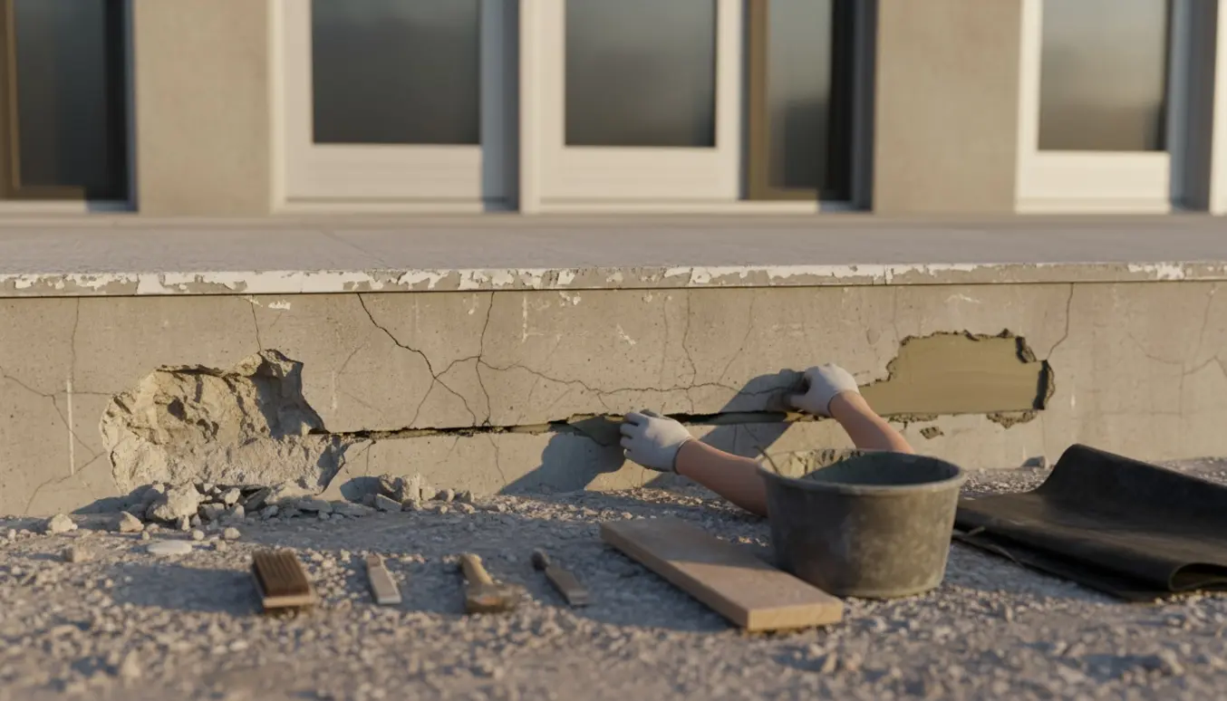 Udefoto af sokkelreparation under døre og vinduer med handsker, mørtel og værktøj i forgrunden.