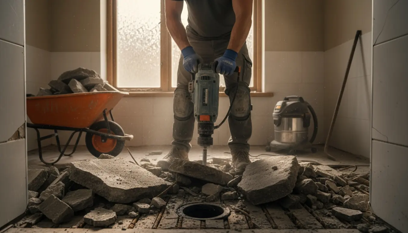 Et kompakt badeværelse under nedbrydning, hvor et støbt gulv brydes op med en mejselhammer og betonstykker ligger spredt.