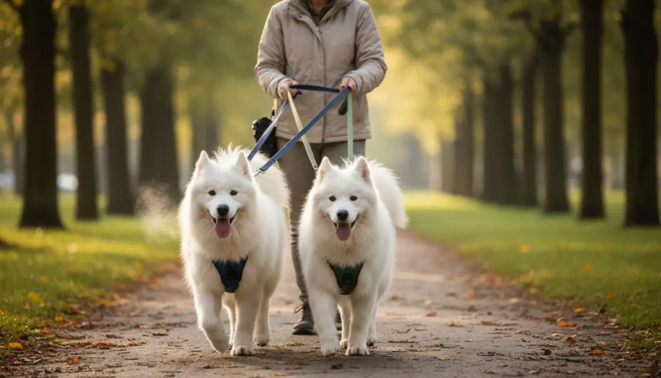 To hvide Samoyed-hunde (Bailey og Daisy) i seletøj på en morgenluftetur med hundelufteren set bagfra uden ansigt.