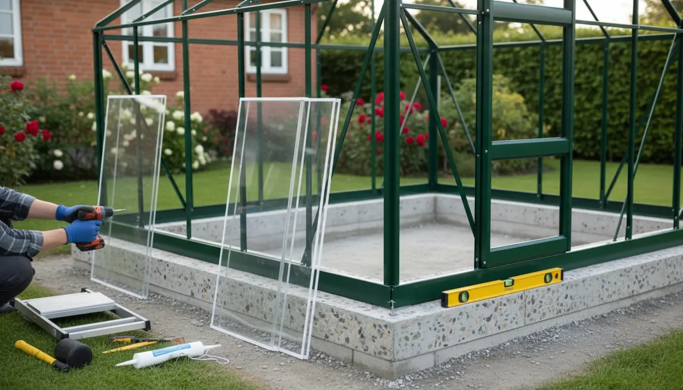 Nærbillede af opsætning af et grønt Halls-drivhus på fundament i en villahave i Århus med værktøj og hænder i arbejde.