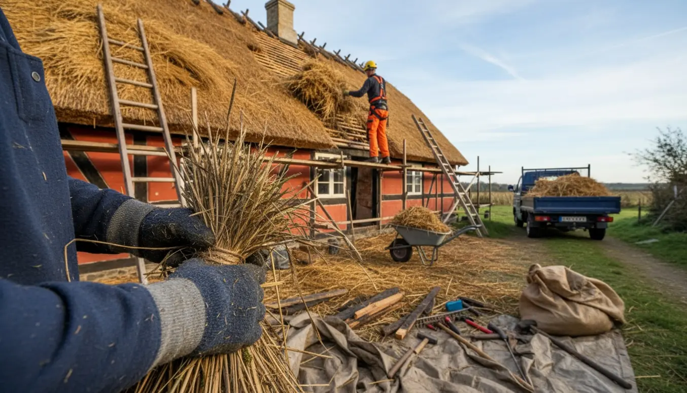 Gammelt stråtag bliver fjernet fra et traditionelt dansk hus, med bunter af strå og værktøj i forgrunden.