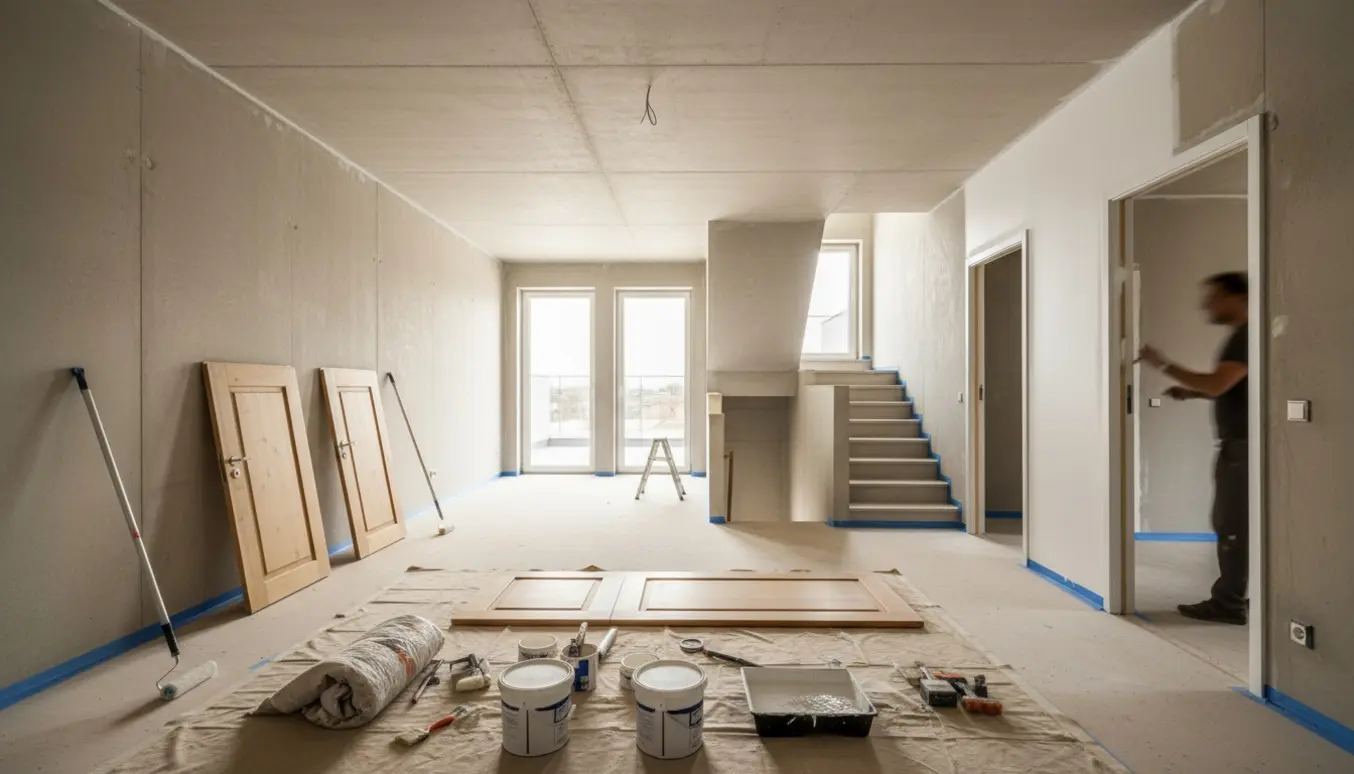 Tom treværelses lejlighed med malerudstyr og nymalede vægge i åbent køkken-alrum ved store vinduer.