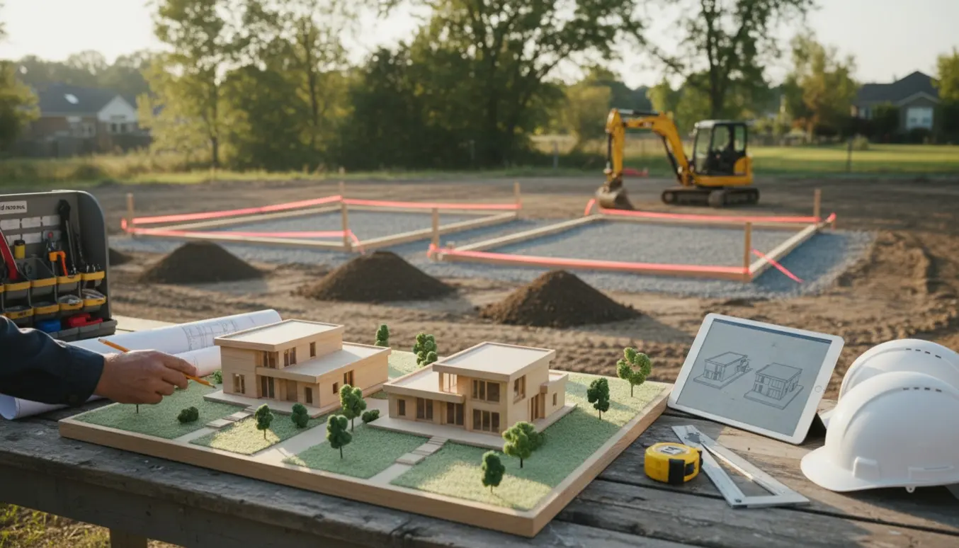 Byggegrund med to boligmodeller, byggetegninger og måleværktøj klar til udbygning.