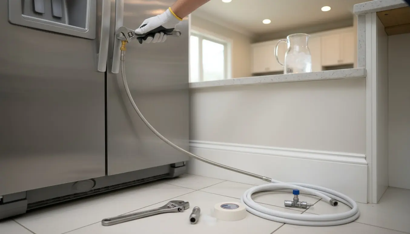 Hænder tilslutter vandforsyningsslange til bagsiden af et amerikansk køleskab i et lyst køkken.