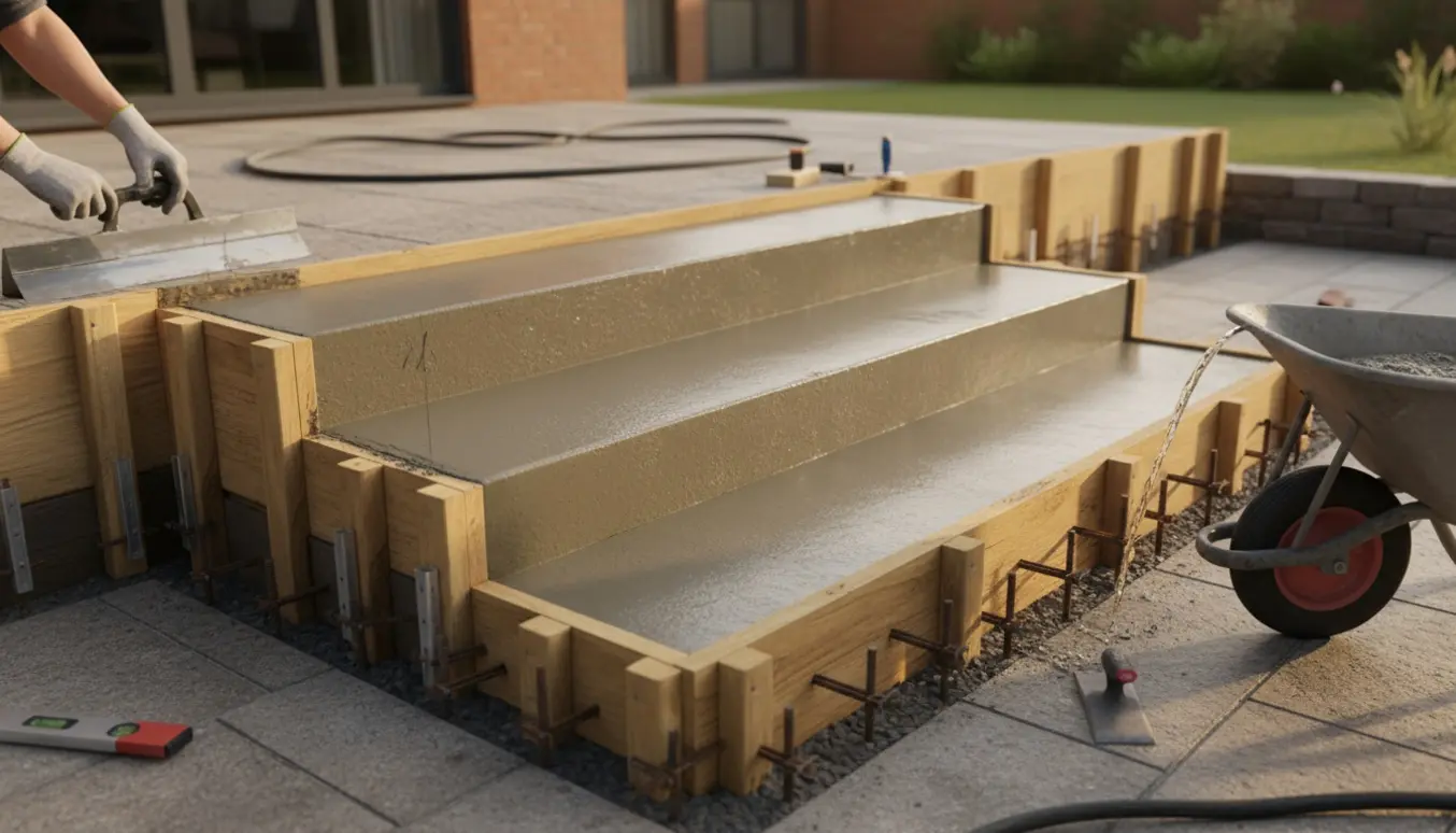 Udendørs betontrappe under støbning med våd beton, forskalling og hænder der glatter trinnet.