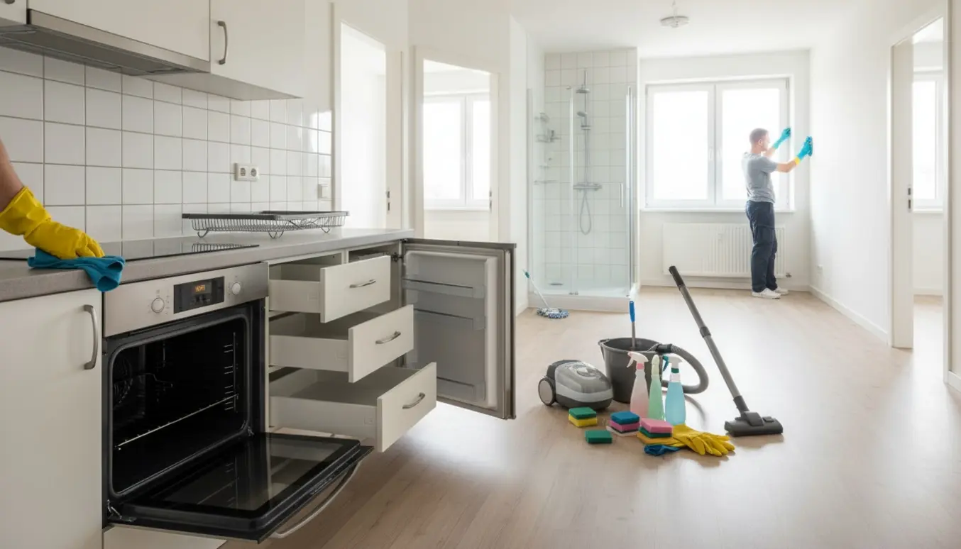 Tom lejlighed under flytterengøring med åben ovn, rengøringsudstyr og en skinnende brusekabine.