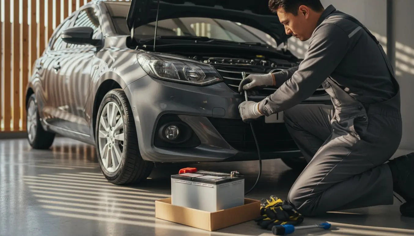 Nyt bilbatteri sættes i en Ford Focus i en ryddelig carport.