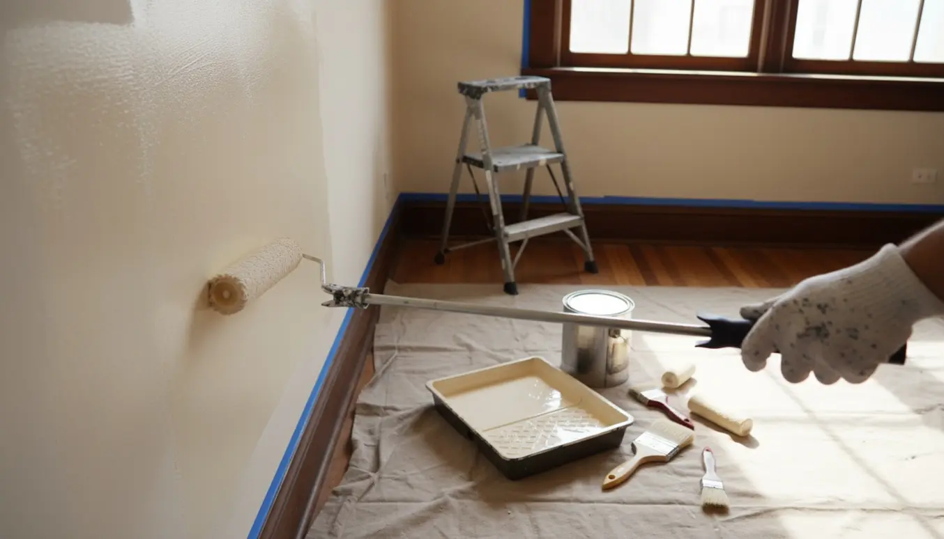 Hånd med malerrulle maler væg i lille værelse med afdækning og værktøj i dagslys.