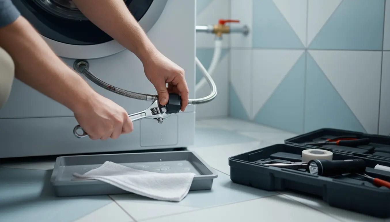 Hænder monterer en water block på vaskemaskinens vandtilslutning i et badeværelse.