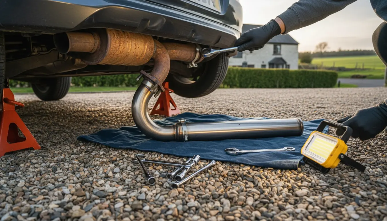 Mekaniker udskifter midtersektionen af en bils udstødning på donkrafte med nyt rør og værktøj ved siden af.