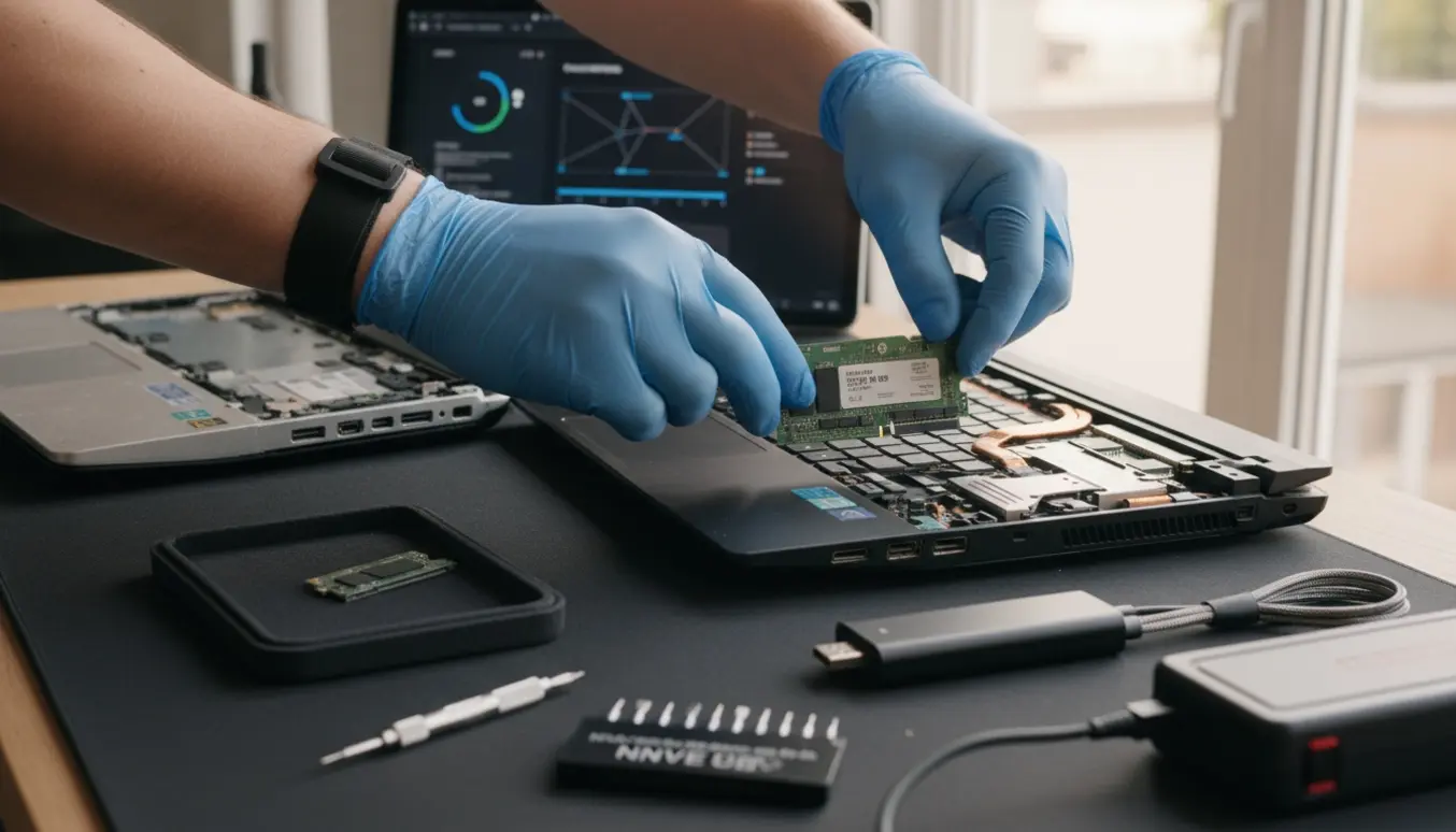 Hænder installerer en 2TB NVMe SSD i en åben gaming-laptop med en ældre bærbar og værktøj ved siden af.