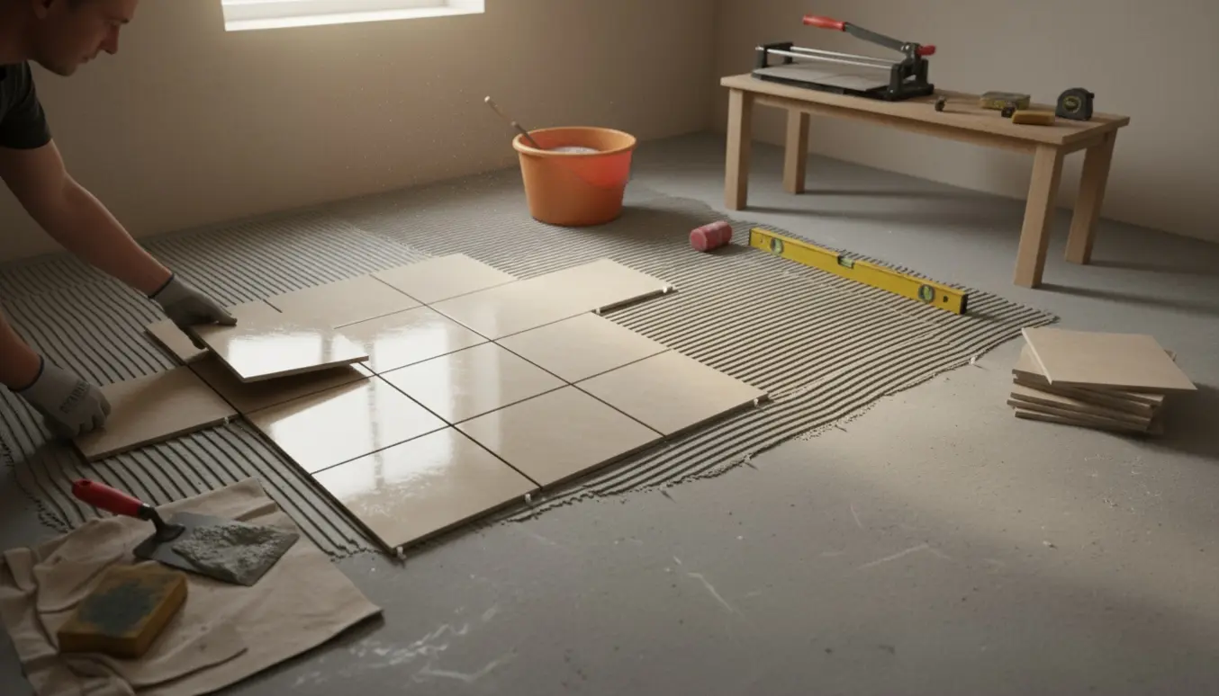 Hænder lægger 30x30 fliser i et kælderrum med delvist færdigt gulv og synligt værktøj.