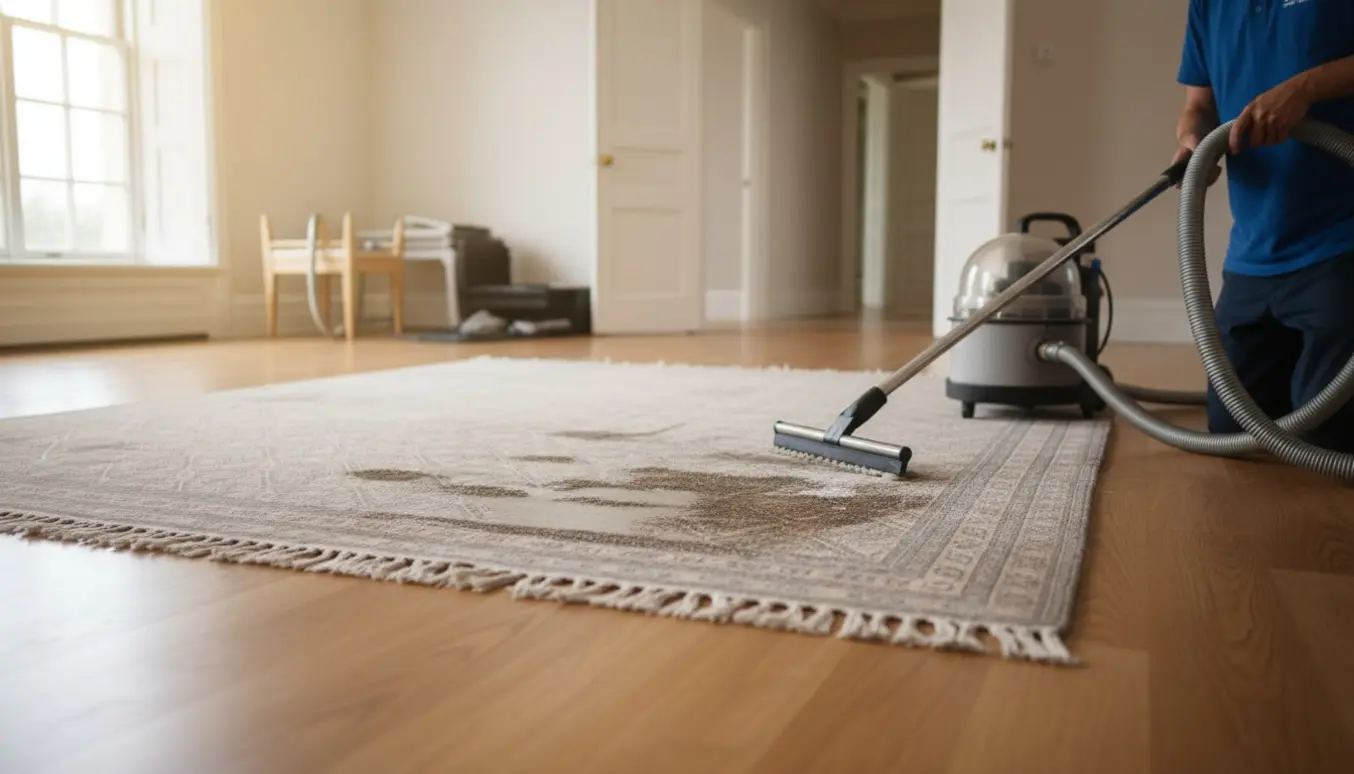 Et ægte 4 x 3 m tæppe renses med ekstraktionsmaskine på et løstliggende trægulv, møbler fjernet.