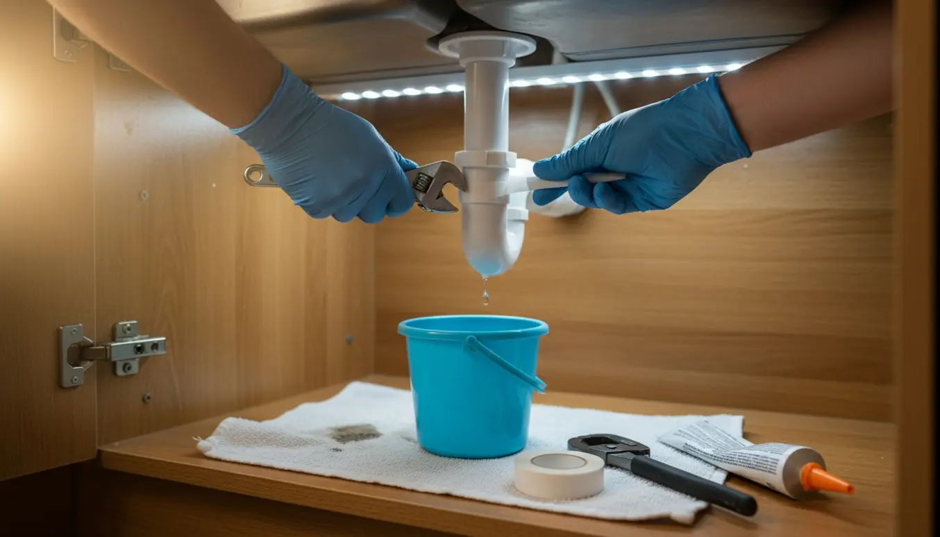 Nært billede af handsker, der tætner et dryppende afløbsrør i et åbent køkkenskab med værktøj og en spand under.