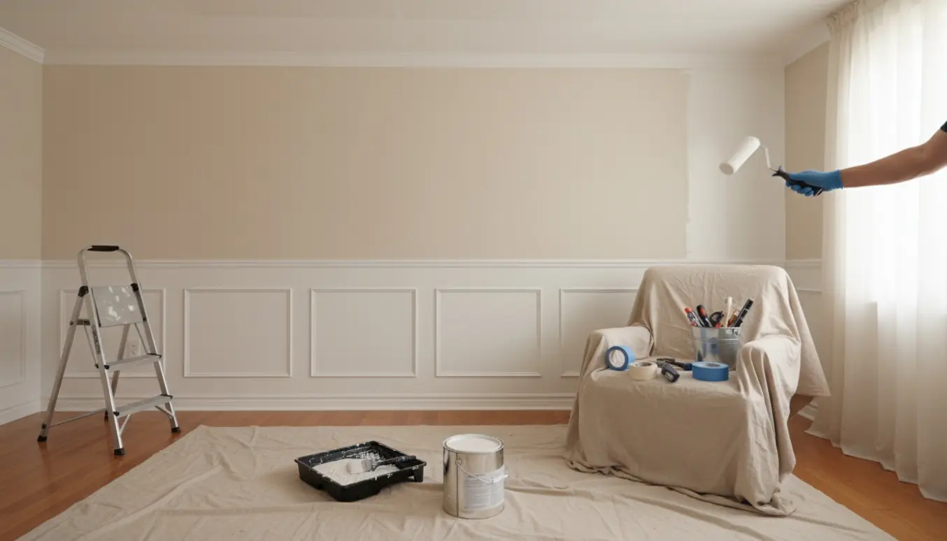 Lyst opholdsrum under indendørs maling med malerrulle, åben malerbøtte og afdækning på gulvet.