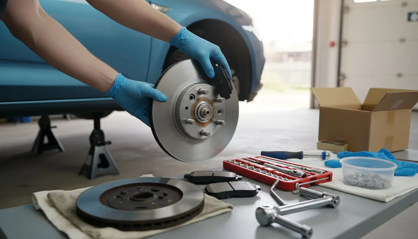 Nærbillede af montering af ny bremseskive og klodser på en Opel Astra i et værksted.