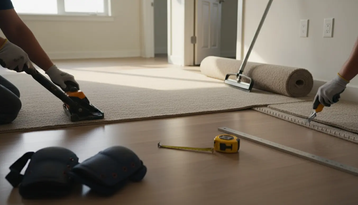 Hænder strækker og skærer nyt gulvtæppe over et eksisterende vinylgulv i en lys lejlighed, med værktøj ved siden af.